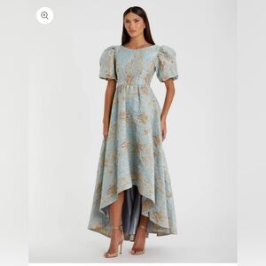 Blue Brocade Puff Sleeve High Low Gown